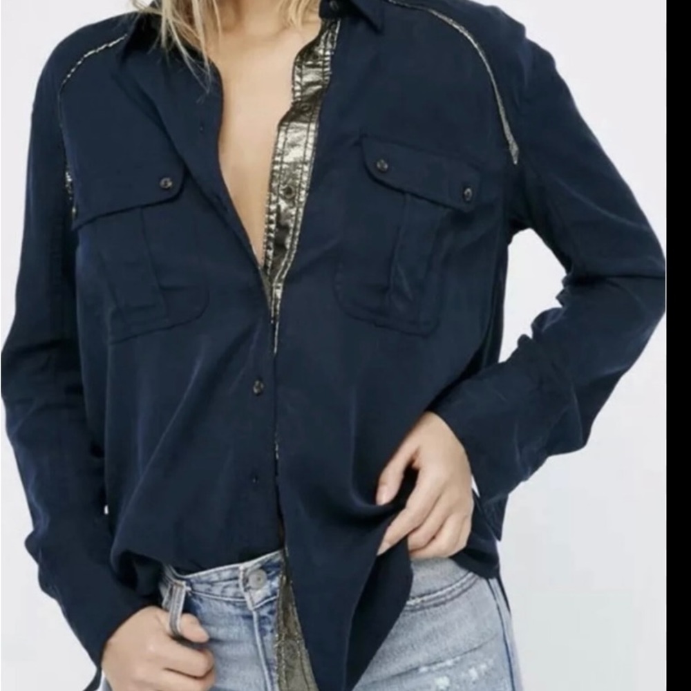 Free People Navy Campus Oversized Blouse SZ S